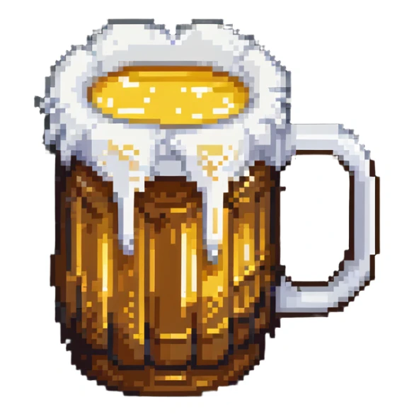 A pixelated mug of golden beer with white foam on top sticker