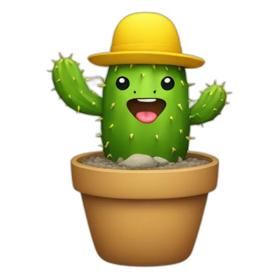 a fat green cactus with arms and legs in a small yellow cap, smiling sticker