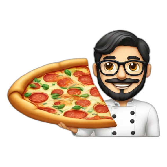 Dark haired 30 years old chef with beard and big glasses proudly holding a pizza sticker