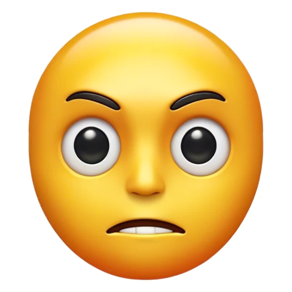 modern 3D emoji with a yellow face, surprised and skeptical. Feature glossy white eyes with black pupils, only the left eyebrow raised, and a 3D-carved straight mouth. Add a yellow-to-orange gradient, glossy metallic finish. Use soft volumetric lighting sticker