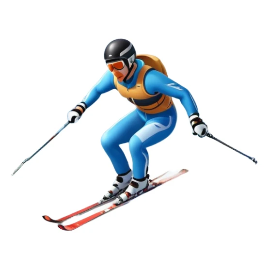 An icon featuring snowy peaks, pine trees, and a picturesque mountain landscape with a skier racing down a snow-covered slope. The sky is blue with soft clouds, capturing the thrill and beauty of alpine skiing. Transparent background highlights the excitement and serenity of winter sports. sticker