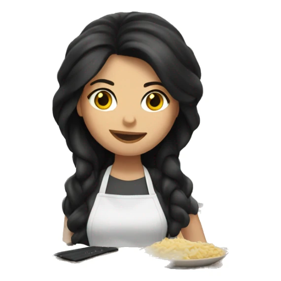 White woman with long black hair cooking  sticker
