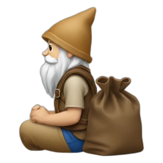 side view of gnome with light tan pants sitting above a small dark brown bag sticker