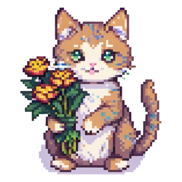 a cheerful cat with flowers in its paws, pixel art style sticker
