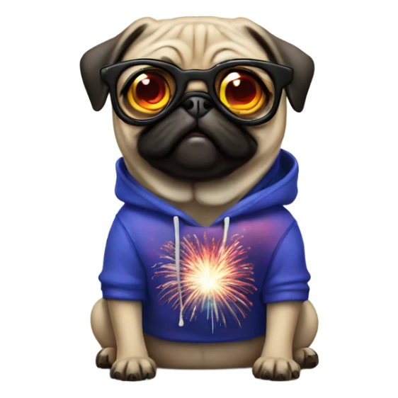 Pug with fireworks cool hoodie and glasses sticker