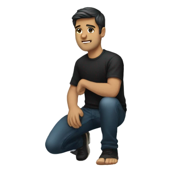 White male kneeling, dark hair black shirt sticker