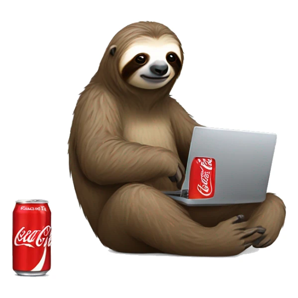 tired sloth with coca cola can and laptop sticker