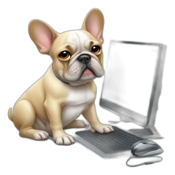 Unhappy FRENCH BULLDOg with computer and mouse sticker