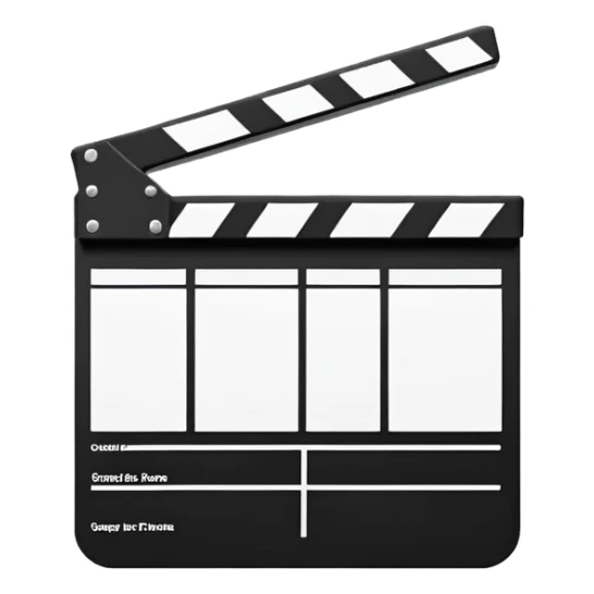 Side view of minimalist clapperboard, black and white with simple geometric shapes, iOS emoji style sticker