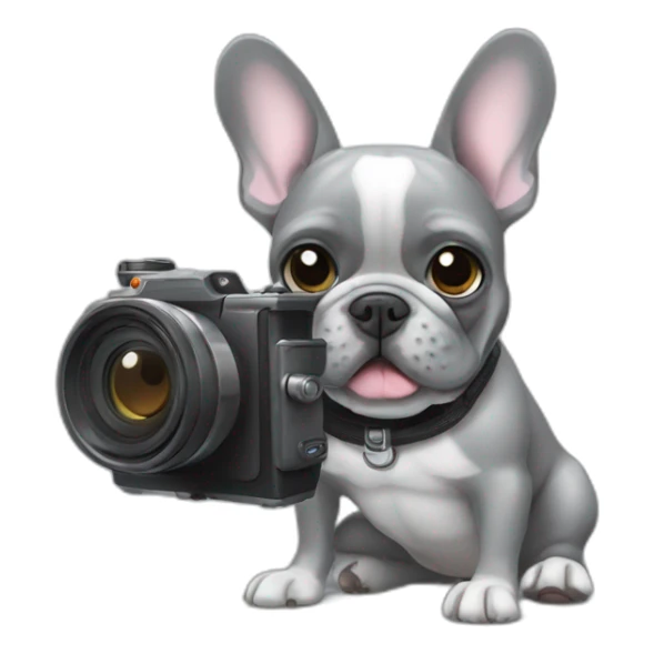 grey French bulldog holding a camera sticker