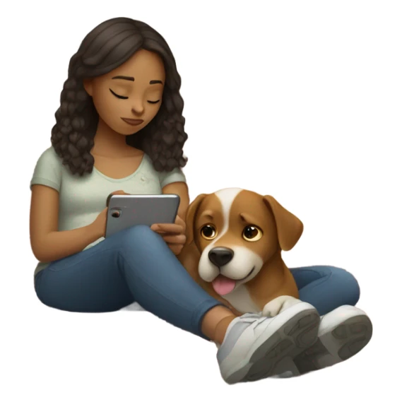 Girl laying on coach while looking at phone with dog on lap sticker