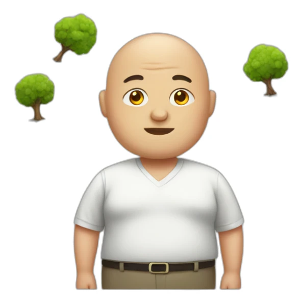 fat bald man wearing shirt with a tree sticker