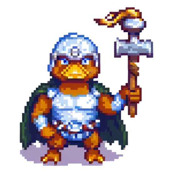 pixel art duck with Thor's hammer, lightning rod attached to the hammer, dramatic pose sticker
