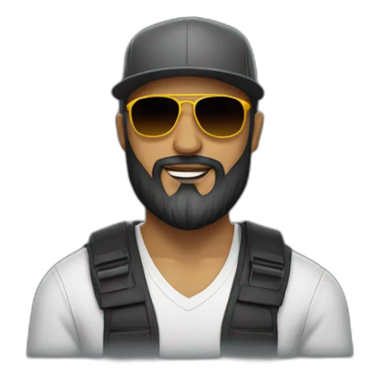 no hair man with long beard and wearing backwards snapback and viper sunglasses sticker
