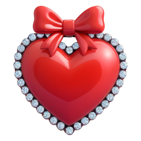 tiny red heart with a bow on top, pastel red enamel, sparkling gems, soft glowing effect sticker