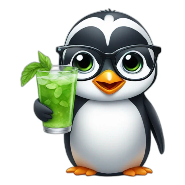 baby penguin with big glasses drinking mojito sticker