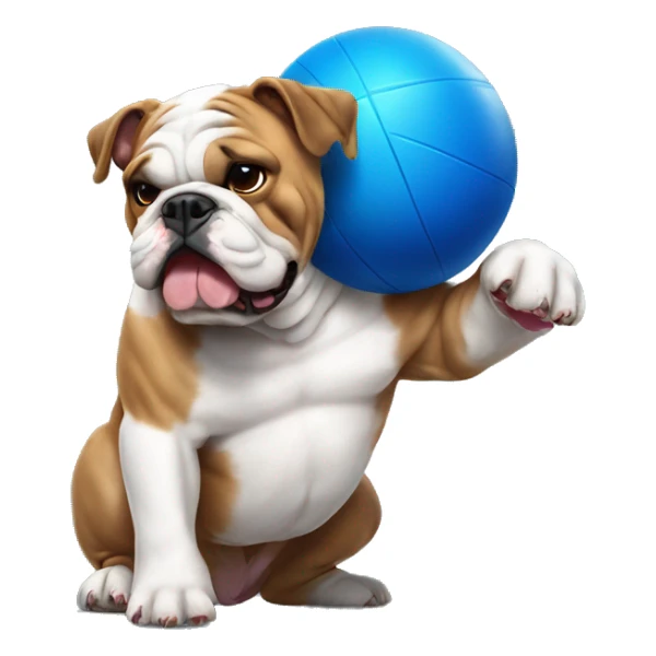 English bulldog playing with big blue ball sticker