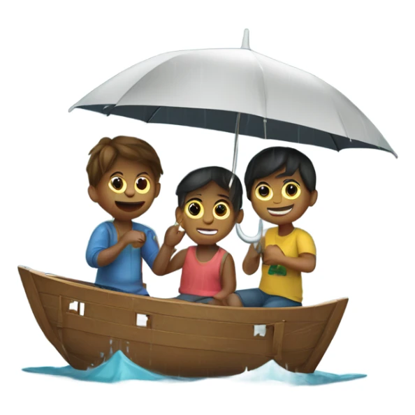 3 kids with a umbrella playing with a paper ship in the rain sticker