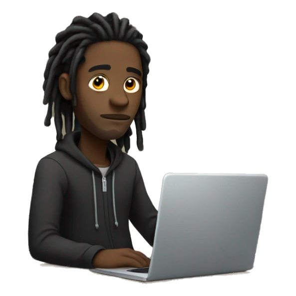 Black-guy-with-dreads-wearing-black-trackstuit-sitting-down-on-chair facing-foward-focused-on-laptop-computer- sticker