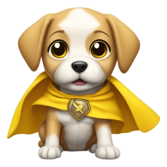 a cute hero puppy posing as a hero with a yellow cape sticker