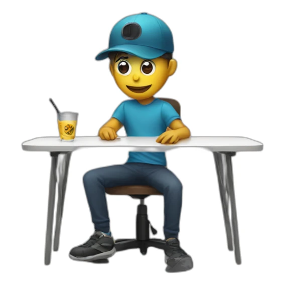 Boy wearing mask and cap sitting on chair with table with mic on table sticker