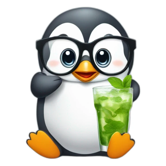 baby penguin with big glasses drinking mojito sticker