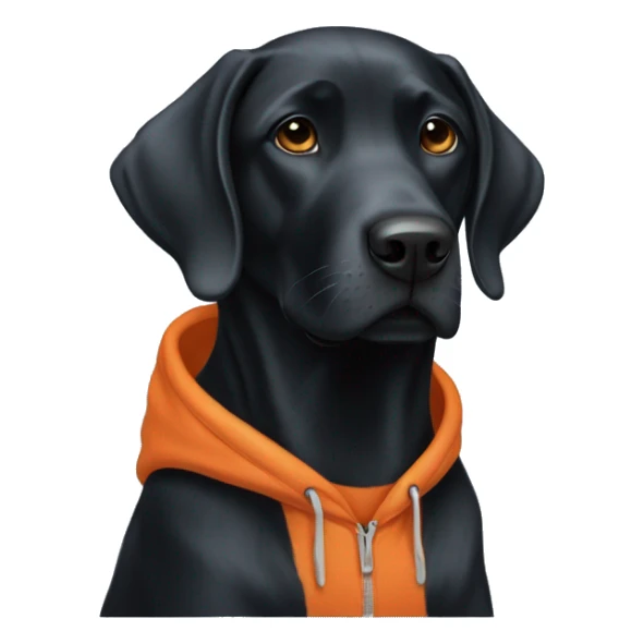 Black lab wearing a orange and blue hoodie  sticker