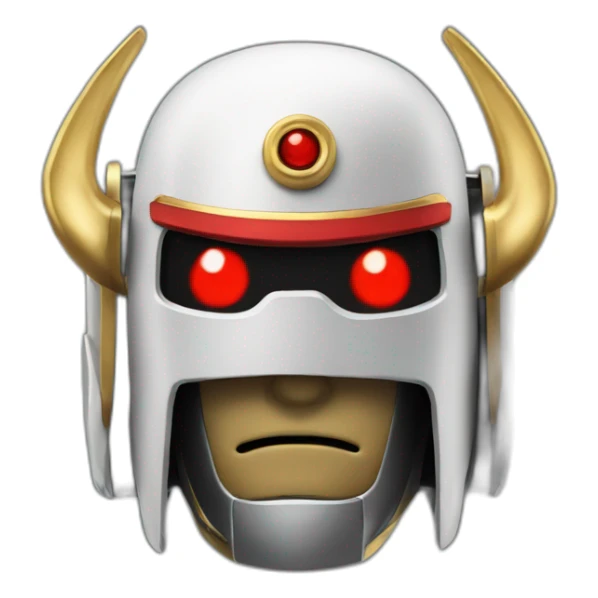 robot samurai with red eyes and gold horns on helmet sticker