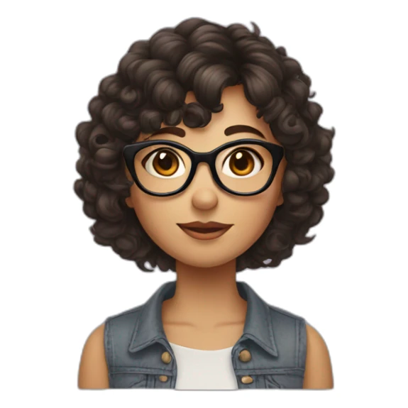 girl with short curly dark brown hair and bangs and she has glasses sticker