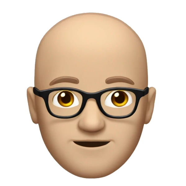 Bald white Man with brown hair, thick black glasses, smirking sticker