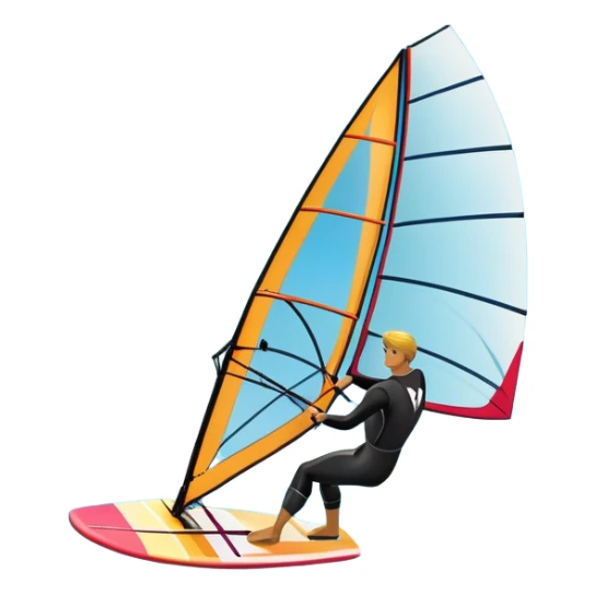 A windsurfer gliding across the ocean, with a vibrant sail catching the wind. The scene captures the motion of the board riding the ocean waves, surrounded by the bright blue sky and ocean, symbolizing the excitement and skill required in the sport of windsurfing. sticker