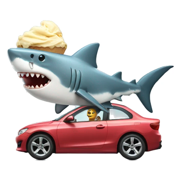 Shark with a car on its head while eating ice cream sticker