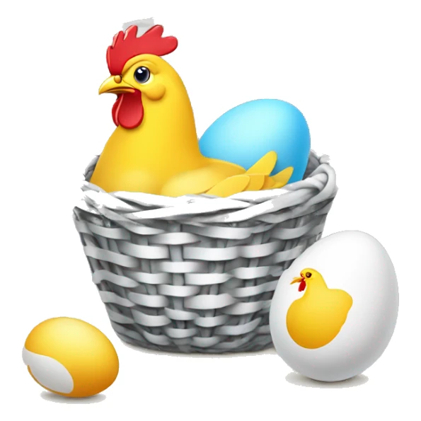 A basket of Easter eggs, next to it lies a cracked egg from which a chicken has hatched. sticker