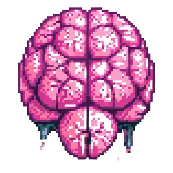 Change this 3D melting brain icon to pink color, keep it fully front facing with pixel art accents and shiny look, background transparent. sticker