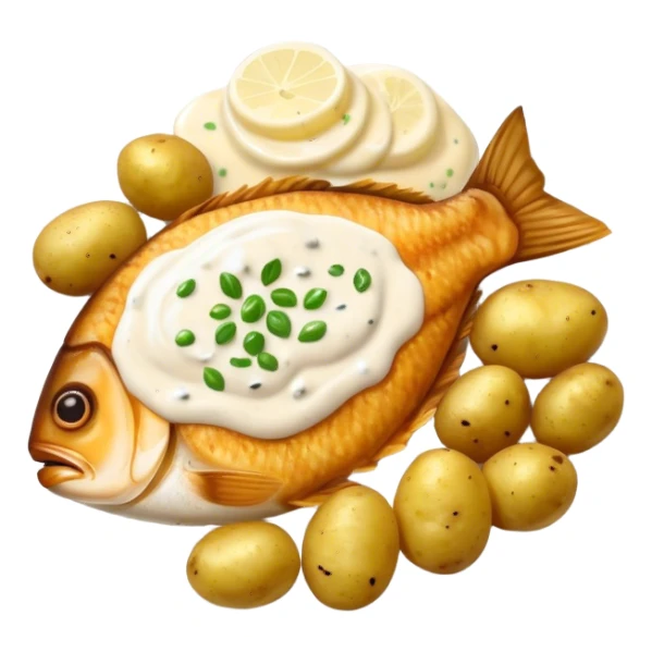 Fried fish with boiled potatoes and white sauce  sticker