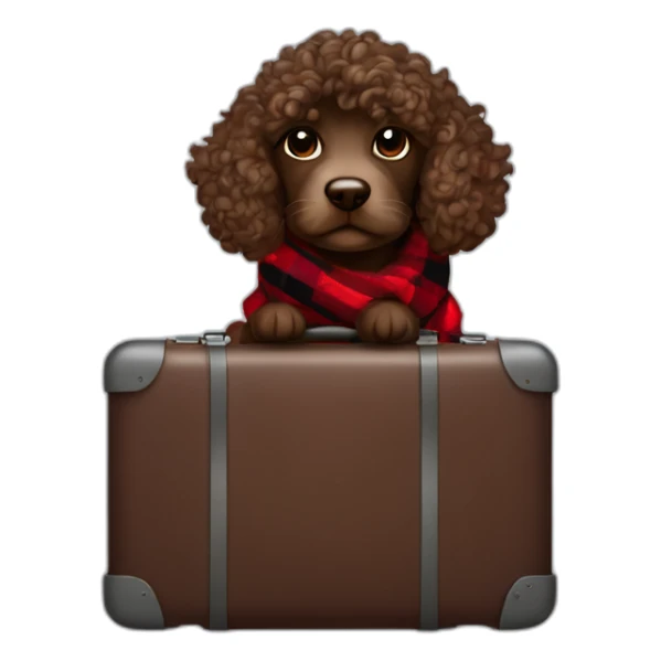 Chocolate colored doodle with wavy hair wearing a red and black flannel handkerchief with a carryon suitcase sticker