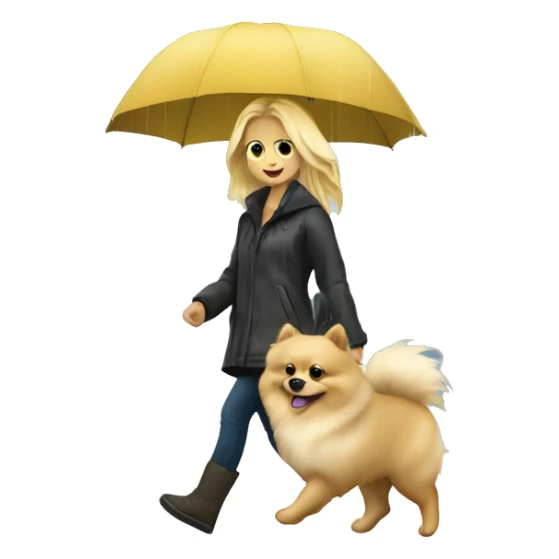 Blonde girl walking pomeranian under the rain sticker