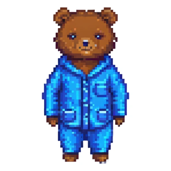 bear in blue pajamas, pixel art style sticker