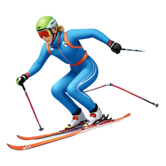 An icon featuring a skier racing down a snow-covered slope, surrounded by snowy peaks, pine trees, and a picturesque mountain landscape. The sky is blue with soft clouds, capturing the thrill and beauty of alpine skiing. Transparent background  sticker