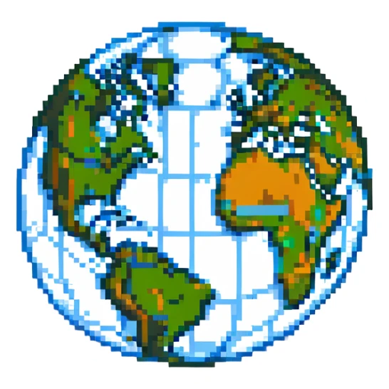 globe icon in pixel art style with 3D shading, vibrant colors sticker