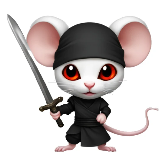 Albino rat red eyes wearing a headband, black ninja costume, dramatic pose, holding sword sticker