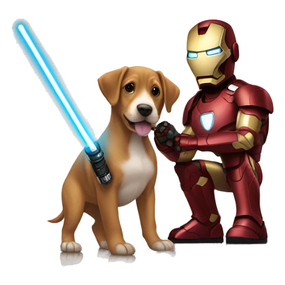 Ironman holding a puppy and a light saber sticker