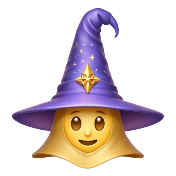 Clash of Clans aesthetic: Cinematic Playful Wizard's Hat Emoji, rendered in a 3D vector-style similar to standard emojis with minimal shading and bold, simplified shapes. A compact, isometric pointy hat with a wide brim adorned with mystical symbols and subtle enchanted shimmer, softly glowing with a magical whimsical charm. Simplified yet unmistakably iconic, highly detailed and consistent, glowing with a soft radiant glow and high shine. Stylized with a touch of classic sorcery and a soft glowing outline, capturing the essence of a legendary wizard’s hat with a friendly, playful manner! sticker