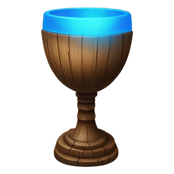 A magical goblet, large and imposing, made of aged wood with a smooth surface. It emits a vibrant blue light, standing out as a symbol of power and mystery. sticker