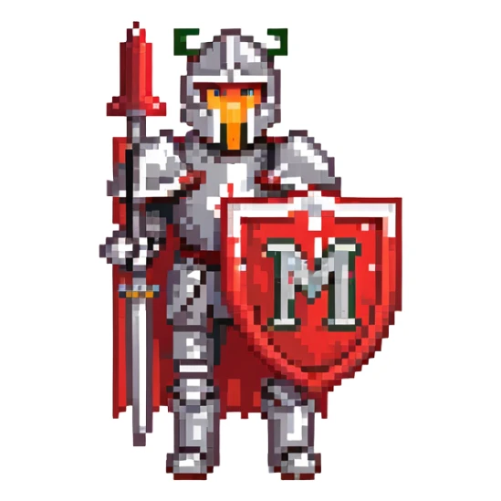 Knight with red and black armor holding a shield with the letter M on it sticker