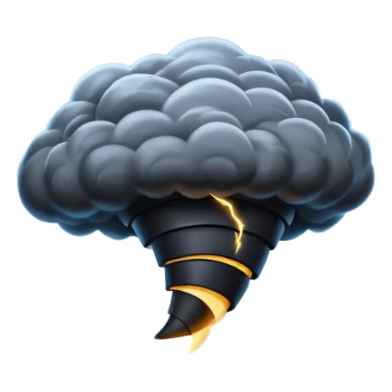 A Discord emoji of a dark, stylized tornado with lightning bolts inside a black circular frame. High contrast, aggressive lines, white background. sticker