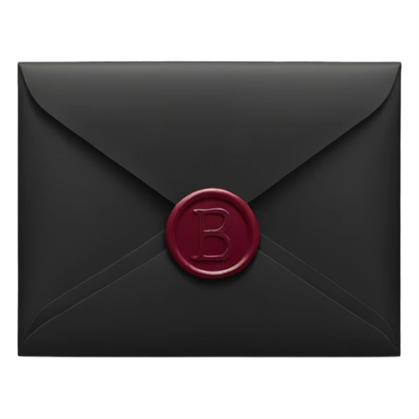 black envelope with burgundy wax seal sticker