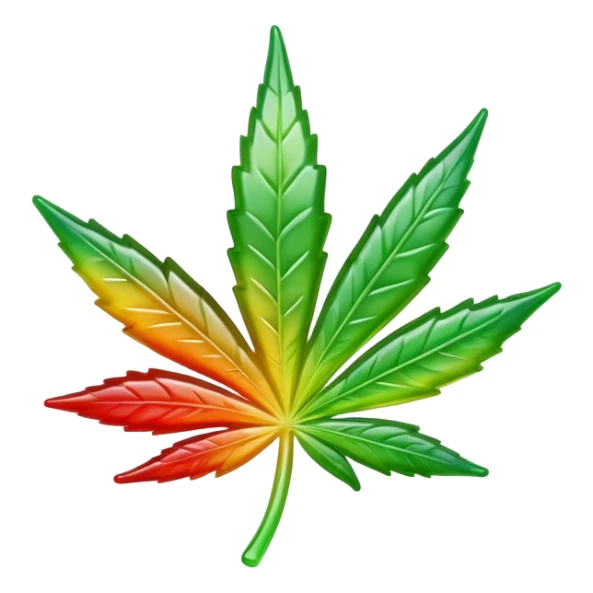 colorful shiny gusher gummy shaped like a cannabis leaf with a bite mark showing the liquid center sticker