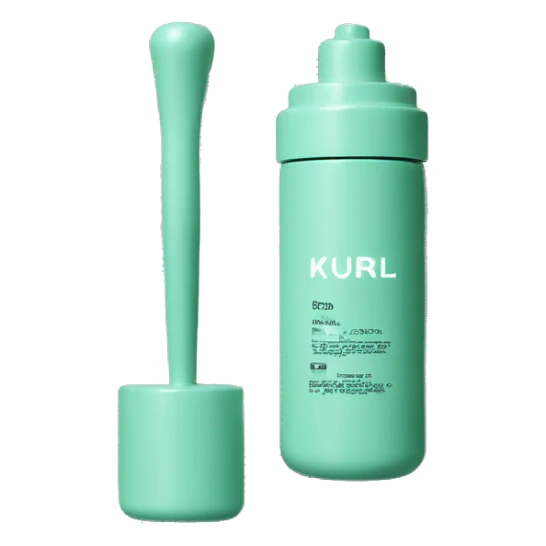 Turquoise pastel Green cosmetic bottle with a press down pump all one colour and matte - on the front it says Kurl Kitchen in pine green  sticker