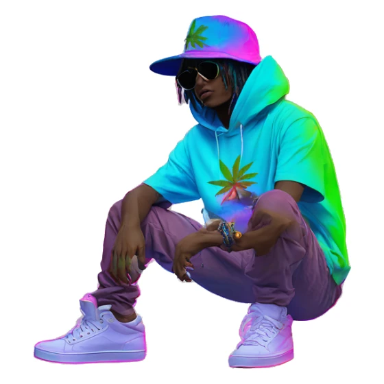 Hemp leaves Multicoloured neon person smoking wearing hoodie dancing hip hop bucket hat tropical Skater fashion aesthetic baggy clothes graphic t shirt 420 sticker